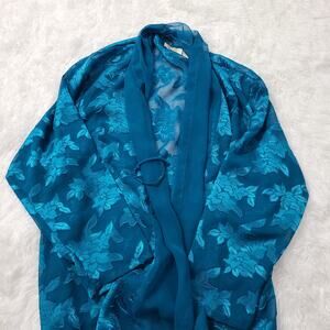 Victoria's Secret Womens Sz L Teal Floral Satin Sheer Robe Vintage Gold Label